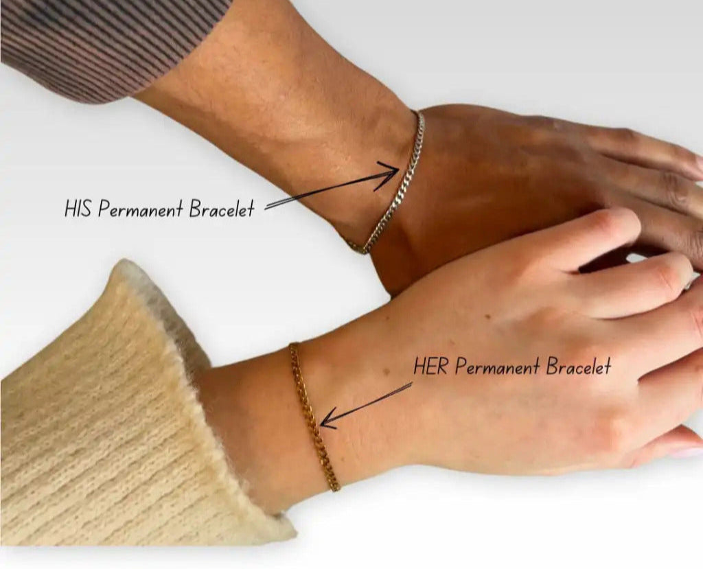 Permanent bracelet kit — customer testimonial photo showing sealed permanent couple bracelet