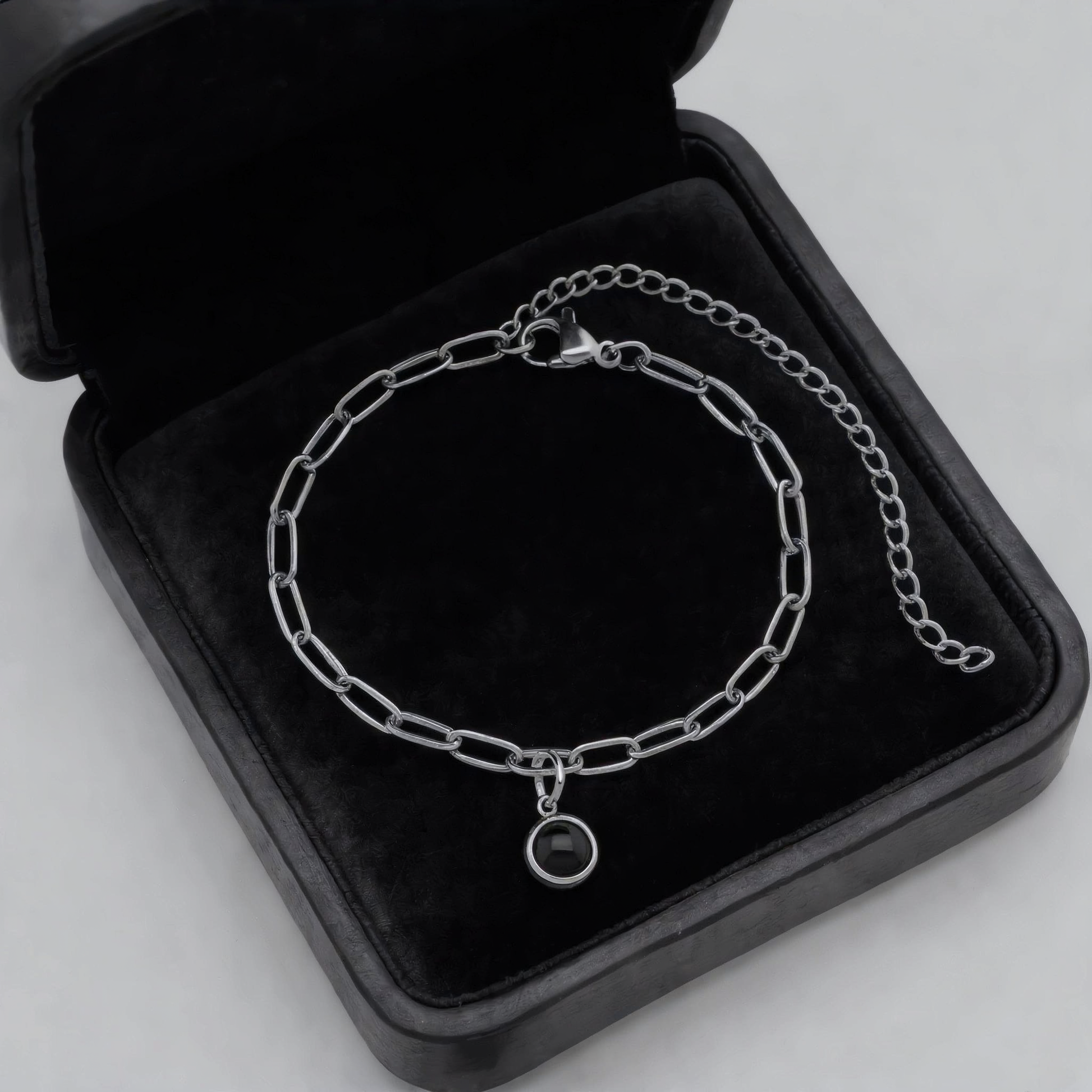 Custom photo projection bracelet in gift box, paperclip chain in silver