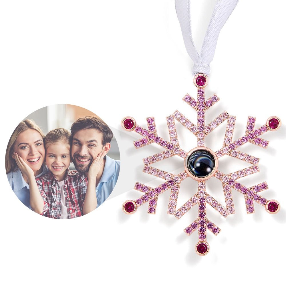 Snowflake photo ornament with picture inside — personalized Christmas ornament lifestyle display