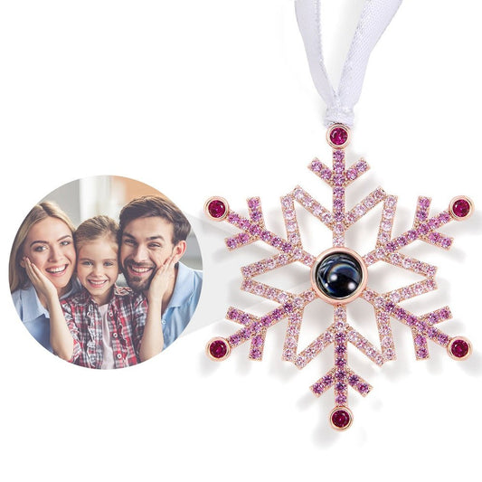 Snowflake photo ornament with picture inside — personalized Christmas ornament lifestyle display