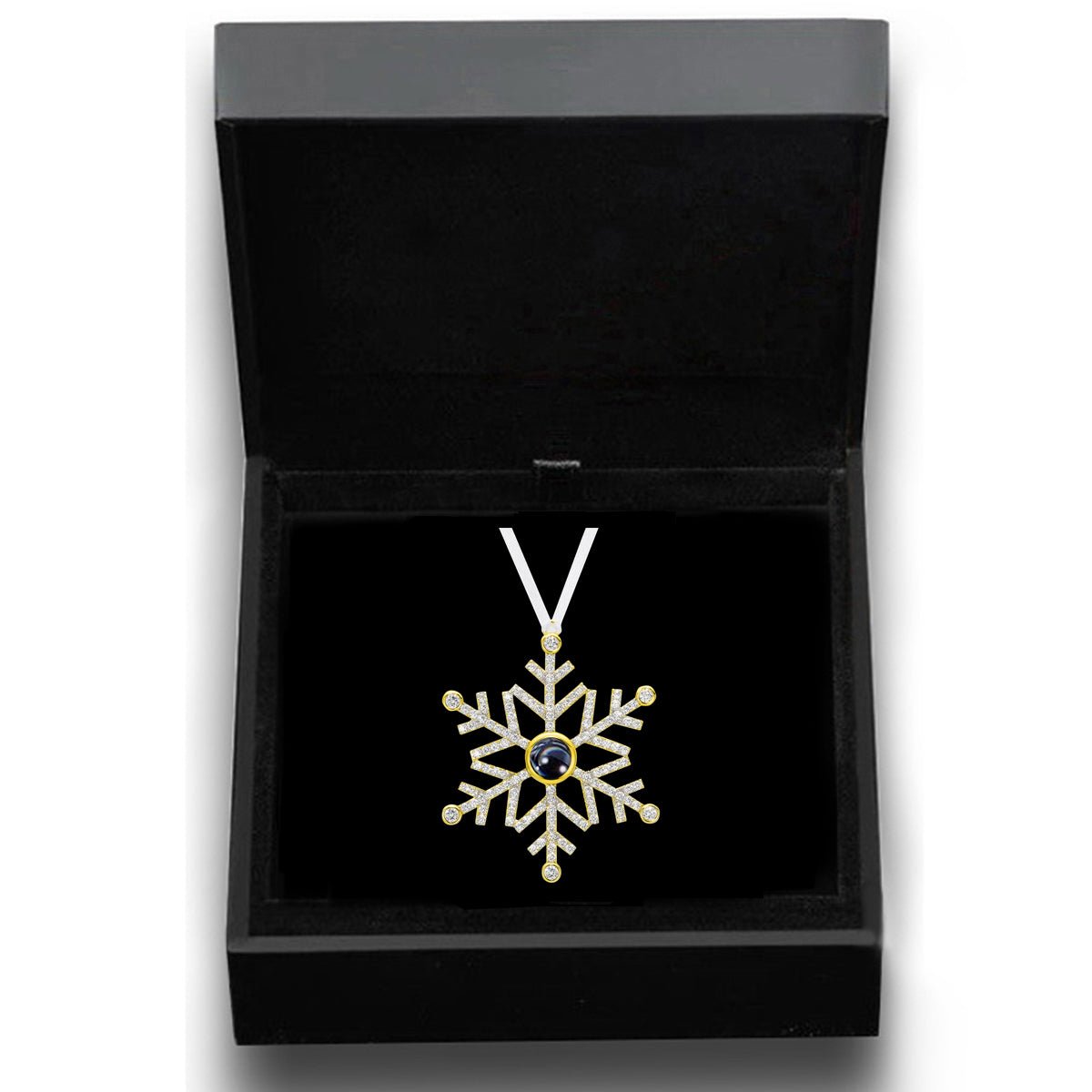 Snowflake photo ornament with picture inside in gold ombre — distinctive personalized holiday ornament