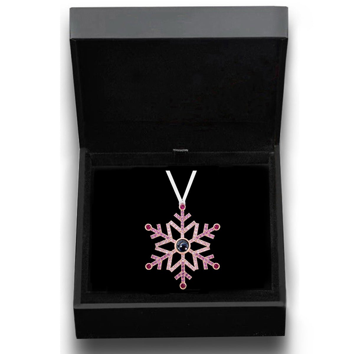 Snowflake photo ornament with picture inside in pink ombre — unique personalized Christmas gift