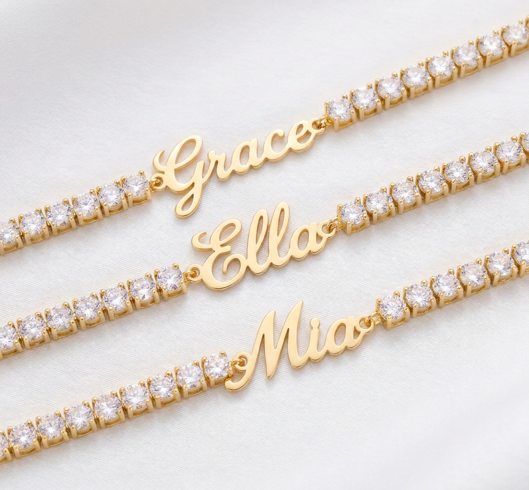 Three custom signature name tennis bracelets in gold, personalized with different names
