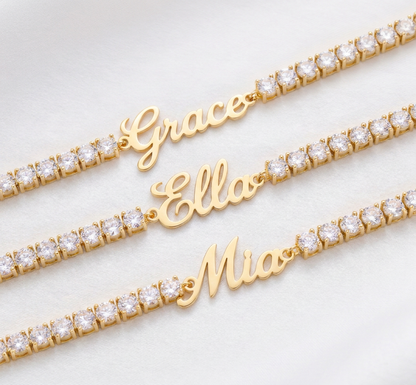 Three custom signature name tennis bracelets in gold, personalized with different names