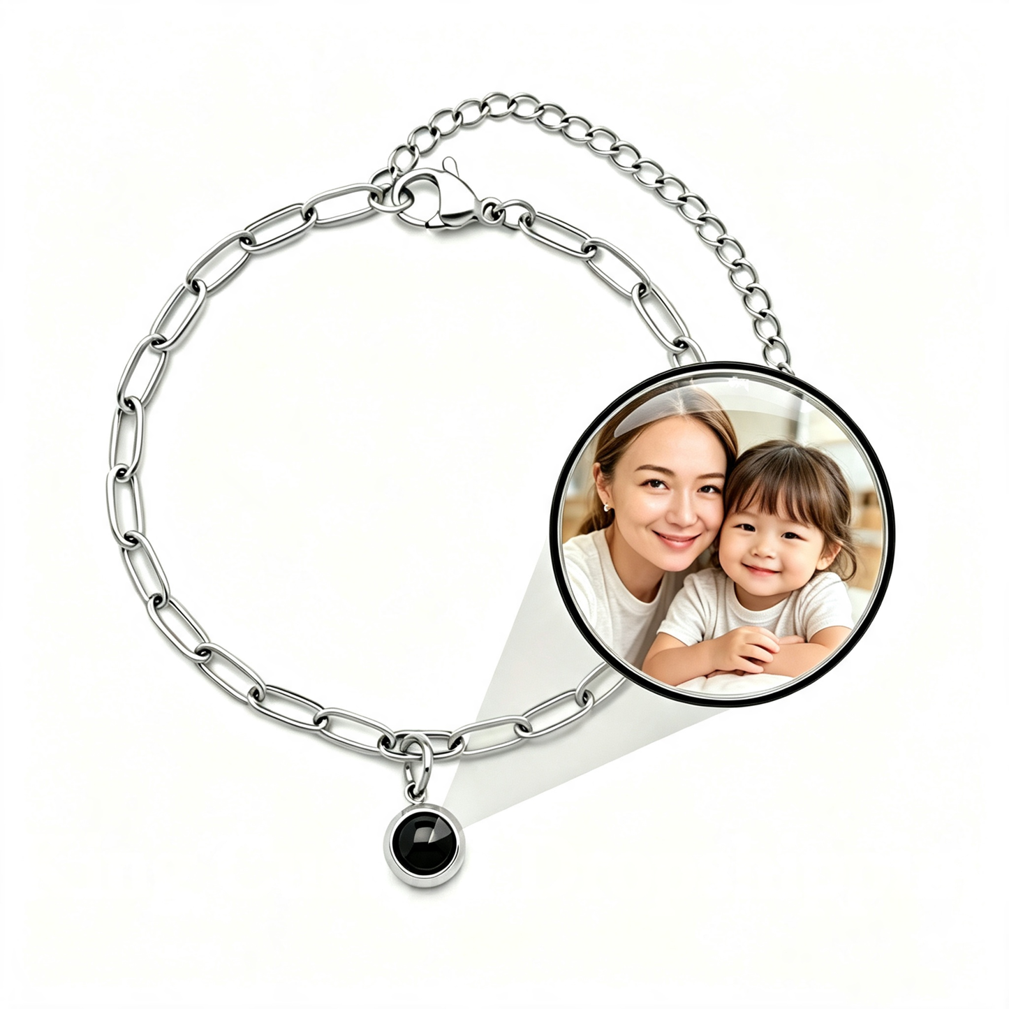 Custom photo projection bracelet, paperclip chain with hidden picture pendant in silver