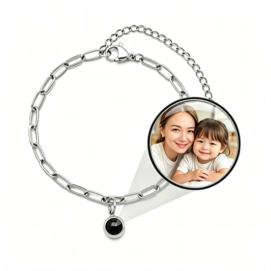 Custom photo projection bracelet, paperclip chain with hidden picture pendant in silver