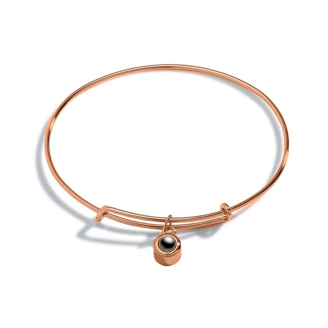 Bangle bracelet with picture inside in rose gold — distinctive custom photo keepsake for women