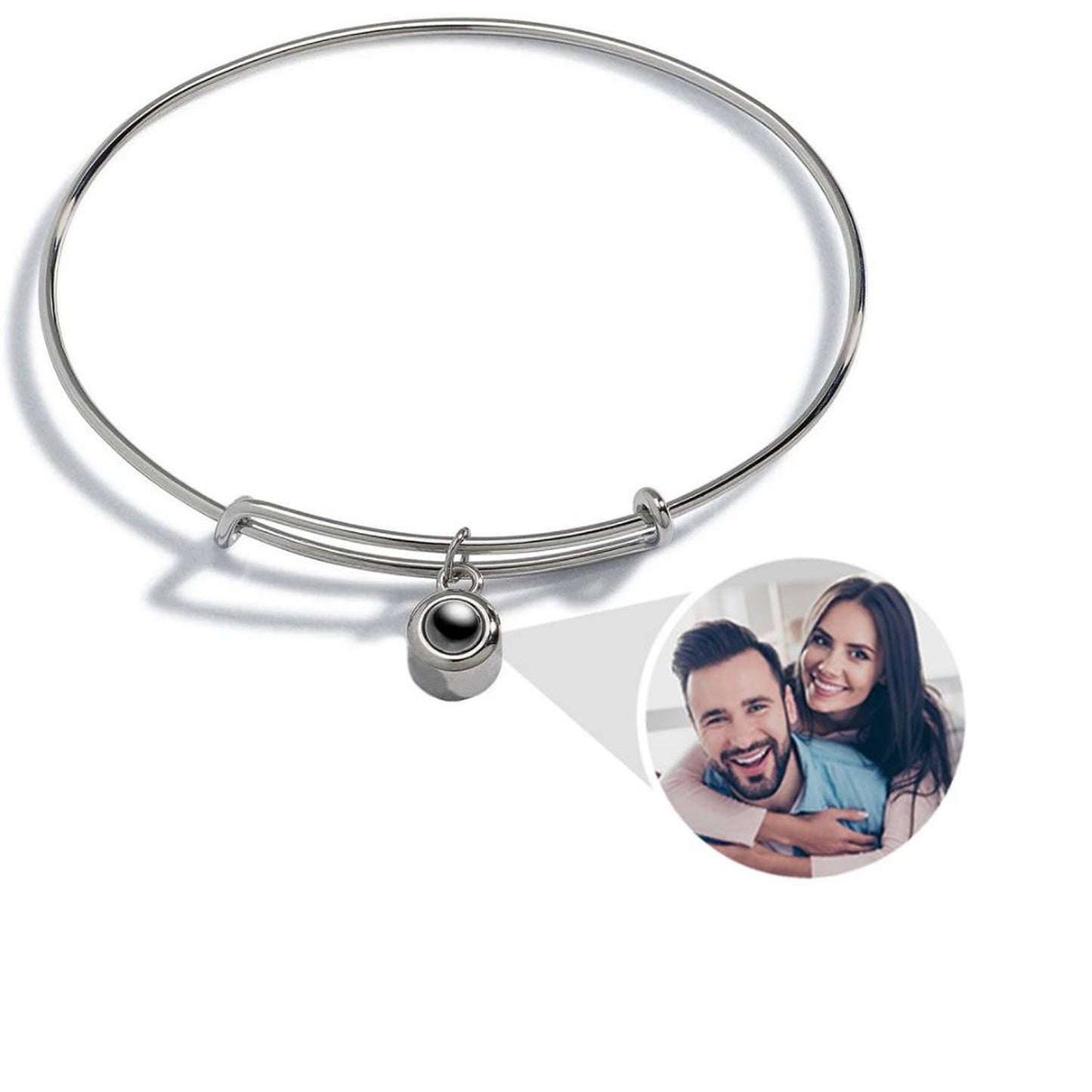 Bangle bracelet with picture inside in silver — bold hidden photo keepsake for women