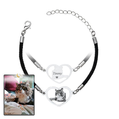 Cat halo heart memorial photo bracelet in polished stainless steel — silhouette halo heart pendant