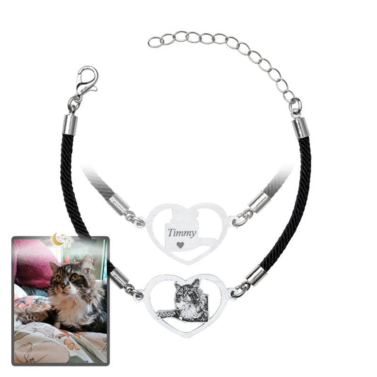 Cat halo heart memorial photo bracelet in polished stainless steel — silhouette halo heart pendant