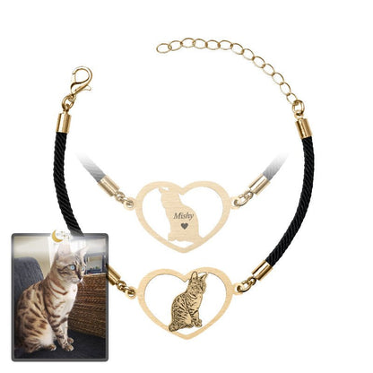 Cat halo heart memorial photo bracelet in titanium gold — engraved cat memorial keepsake