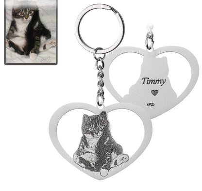 Cat halo heart memorial photo keychain in 925 sterling silver — personalized cat memorial gift