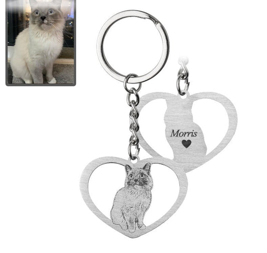 Cat halo heart memorial photo keychain in polished stainless steel — silhouette halo engraved pendant