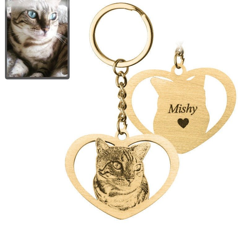 Cat halo heart memorial photo keychain in titanium gold — engraved cat loss keepsake pendant