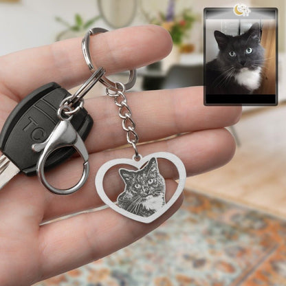 Cat halo heart memorial photo keychain — rainbow bridge grief gift for cat dads and cat moms