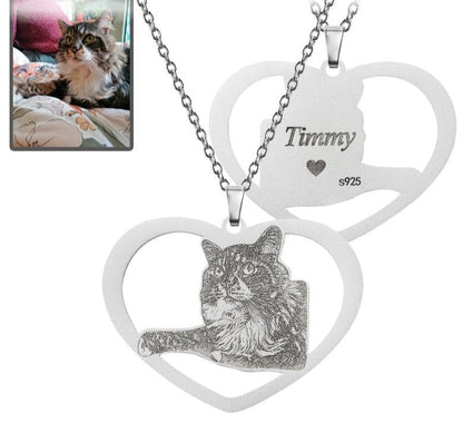 Cat halo heart memorial photo necklace in 925 sterling silver — rainbow bridge cat mom gift