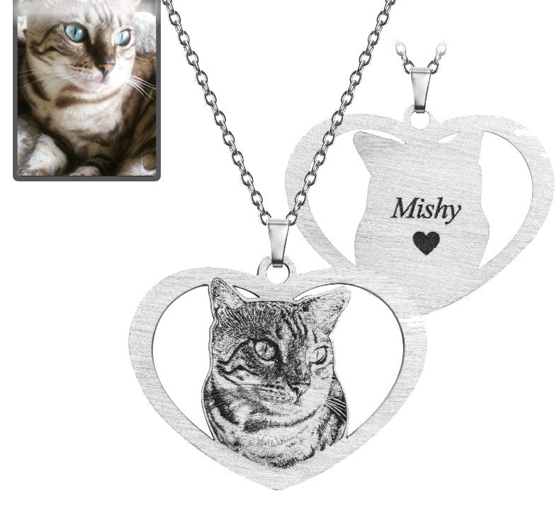 Cat halo heart memorial photo necklace in polished stainless steel — silhouette halo heart engraved pendant