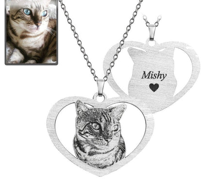 Cat halo heart memorial photo necklace in polished stainless steel — silhouette halo heart engraved pendant