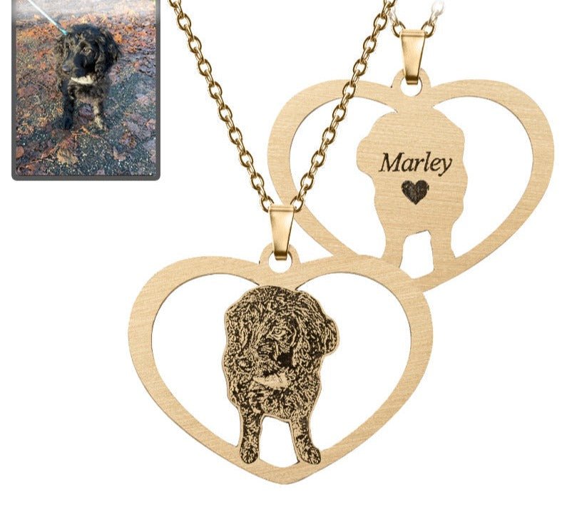 Cat halo heart memorial photo necklace in titanium gold — engraved cat loss keepsake