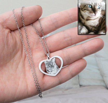 Cat halo heart memorial photo necklace — rainbow bridge grief gift for cat moms and cat dads