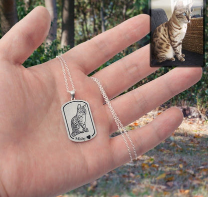 Cat memorial dogtag photo necklace — bold engraved cat loss keepsake for cat lovers