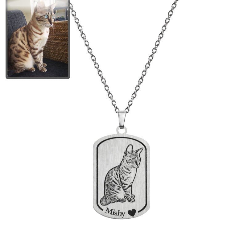 Cat memorial dogtag photo necklace in polished stainless steel — bold engraved cat portrait pendant