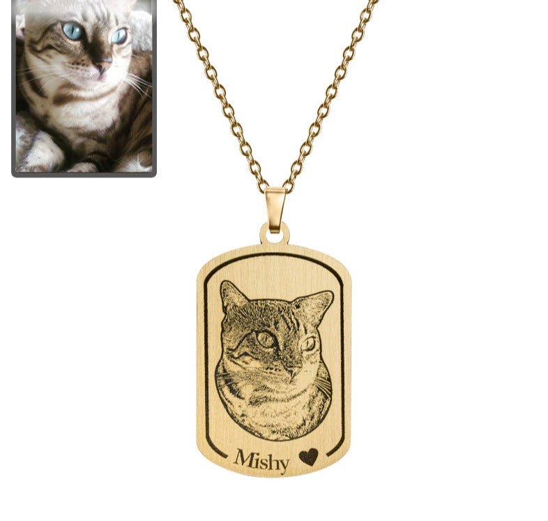 Cat memorial dogtag photo necklace in titanium gold — bold engraved rainbow bridge tribute
