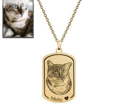 Cat memorial dogtag photo necklace in titanium gold — bold engraved rainbow bridge tribute