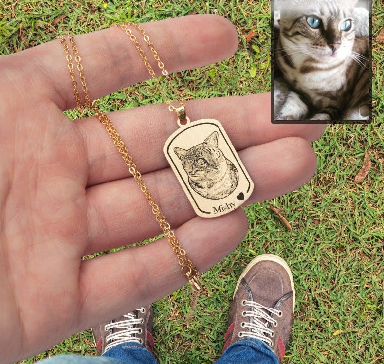 Cat memorial dogtag photo necklace — rainbow bridge grief gift for cat moms and cat dads