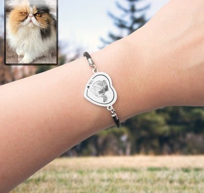 Cat memorial heart photo bracelet — engraved cat loss sympathy keepsake for cat moms and dads