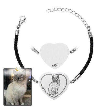 Cat memorial heart photo bracelet in 925 sterling silver — rainbow bridge keepsake for cat moms
