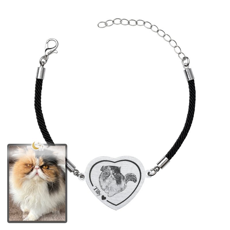 Cat memorial heart photo bracelet in polished stainless steel — engraved pet loss keepsake for cat moms