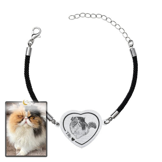 Cat memorial heart photo bracelet in polished stainless steel — engraved pet loss keepsake for cat moms