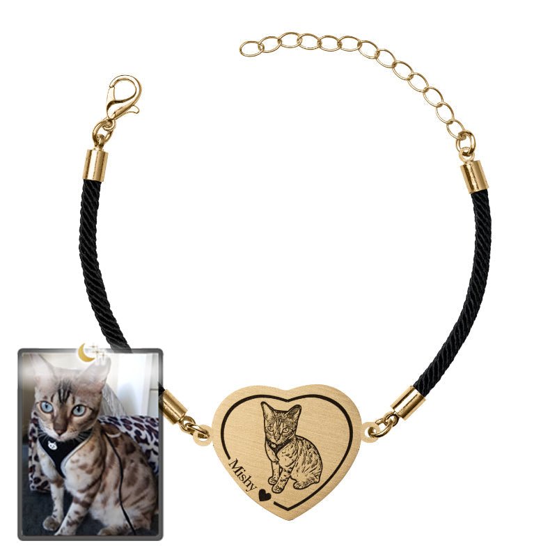 Cat memorial heart photo bracelet in titanium gold — engraved cat memorial pendant bracelet