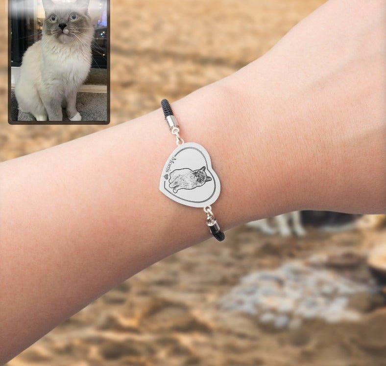 Cat memorial heart photo bracelet — rainbow bridge grief gift worn on the wrist for cat dads