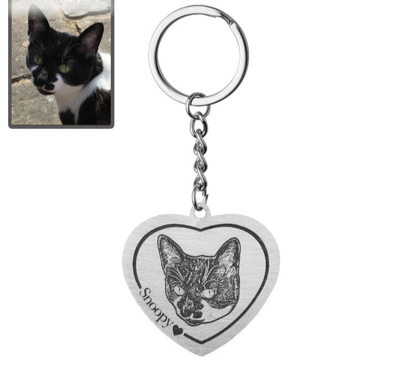 Cat memorial heart photo keychain in polished stainless steel — engraved portrait pendant for cat moms