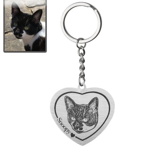 Cat memorial heart photo keychain in polished stainless steel — engraved portrait pendant for cat moms