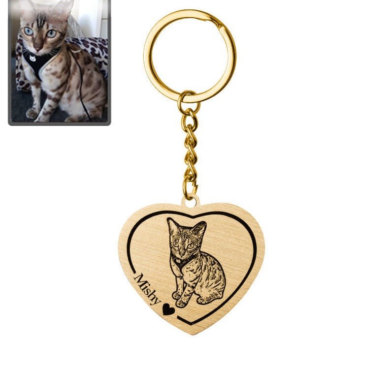 Cat memorial heart photo keychain in titanium gold — engraved cat loss keepsake pendant