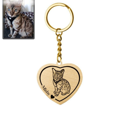Cat memorial heart photo keychain in titanium gold — engraved cat loss keepsake pendant