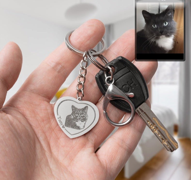 Cat memorial heart photo keychain — rainbow bridge grief gift for cat dads and cat moms