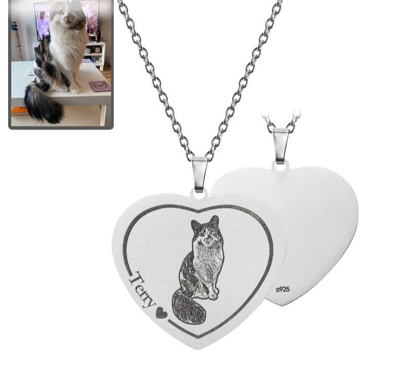 Cat memorial heart photo necklace in 925 sterling silver — engraved rainbow bridge sympathy gift