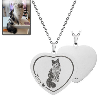Cat memorial heart photo necklace in 925 sterling silver — engraved rainbow bridge sympathy gift