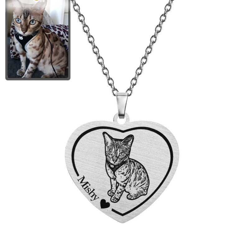 Cat memorial heart photo necklace in polished stainless steel — engraved portrait pendant for cat moms