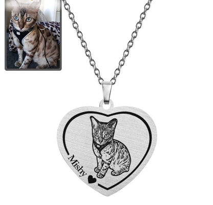 Cat memorial heart photo necklace in polished stainless steel — engraved portrait pendant for cat moms