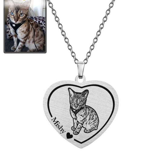 Cat memorial heart photo necklace in polished stainless steel — engraved portrait pendant for cat moms