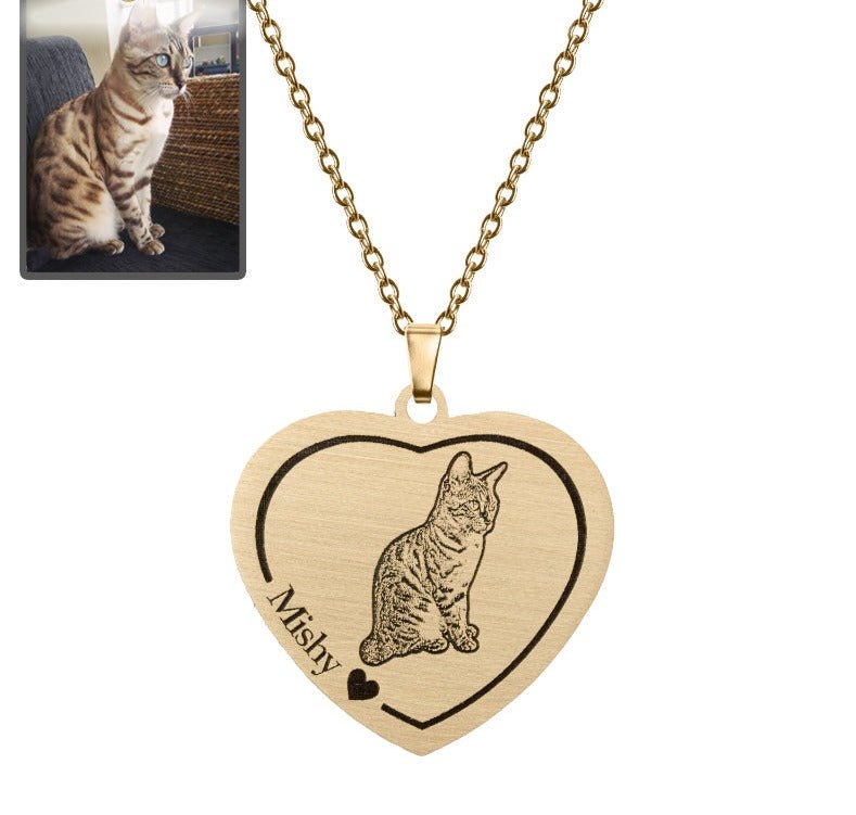 Cat memorial heart photo necklace in titanium gold — engraved cat loss keepsake pendant
