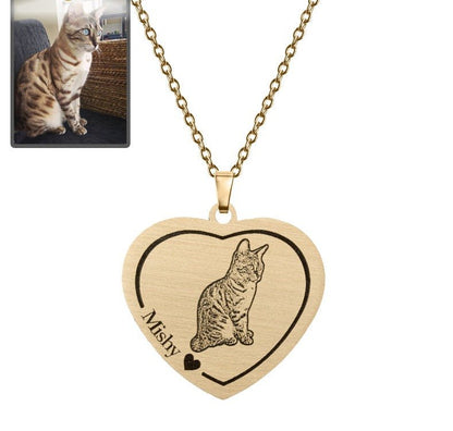 Cat memorial heart photo necklace in titanium gold — engraved cat loss keepsake pendant