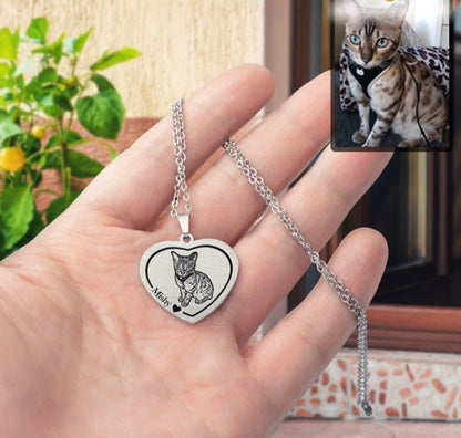 Cat memorial heart photo necklace — rainbow bridge grief gift for cat moms and cat dads