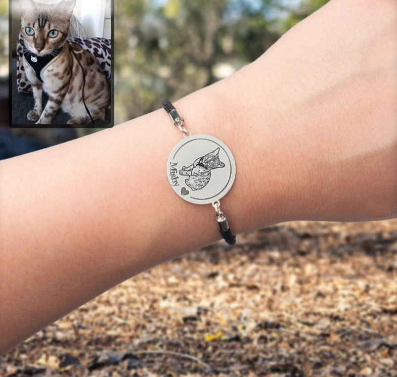 Cat memorial medallion photo bracelet — embossed cat loss grief gift for cat dads and cat moms