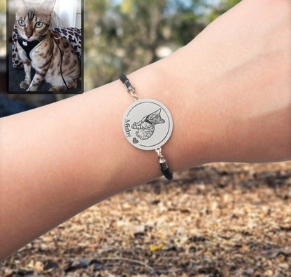 Cat memorial medallion photo bracelet — embossed cat loss grief gift for cat dads and cat moms